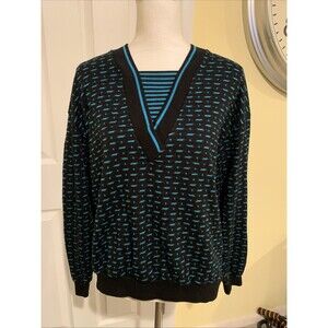 Gitano Vintage 80's Layered V Neck Black Blue Graphic Pattern Sweater Cosplay M
